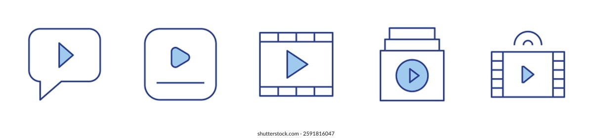 live chat, video player, collection, video. Multimedia Icon vector illustration. Line Duotone style. Editable stroke.