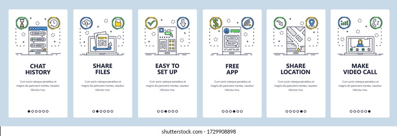 Live chat web site and mobile app onboarding screens. Menu banner vector template for website and application development. Chat and share files, location, make video call. Thin line art flat style.