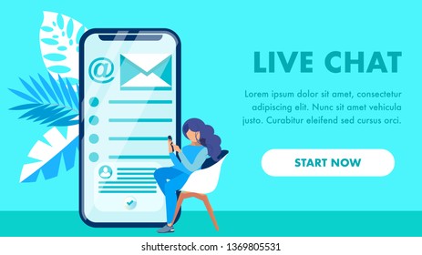 Live Chat Website Landing Page Vector Template. Woman with Smartphone Cartoon Character. Internet Communication Flat Color Illustration. Online Forum Web Banner, Homepage Concept with Text Space