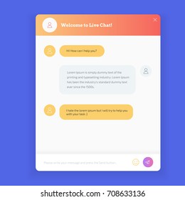 Live chat window to obtain live support on website. Live chat window to obtain answers to user questions. Modern colors UI mobile design.