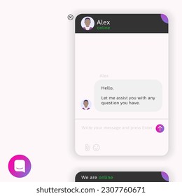 Live chat window. Online help frame kit. AI chatbot support ui interface.