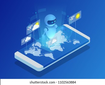 Live chatbot tells the weather forecast. Isometric Online weather forecast widget mobile application program.