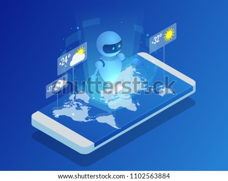Live chatbot tells the weather forecast. Isometric Online weather forecast widget mobile application program.