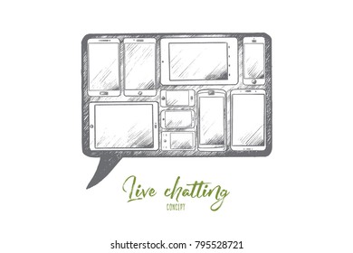 Live chatting concept. Hand drawn a lot of gadgets with screens. Internet communication isolated vector illustration.