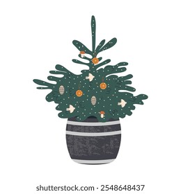 A live Christmas tree in a pot decorated with handmade toys. Eco-friendly design of winter holidays. Isolated on a white background. Flat vector illustration.