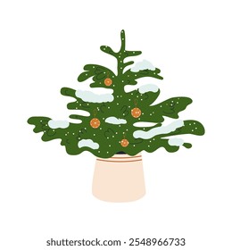 A live Christmas tree with snow in a white pot. Eco-friendly design for winter holidays. Isolated on a white background. Flat vector illustration.