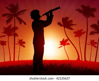 live clarinet performer on tropical red background