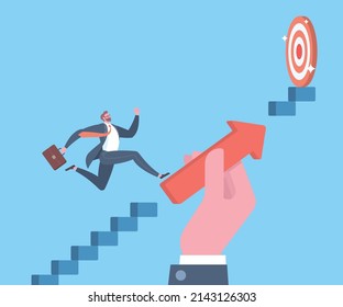 Live coaching, business consulting, career support services or steps to success concept. Hand fill the gap with the arrow to help a businessman to keep running toward to target in blue background.