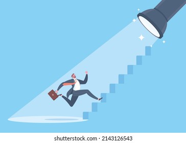 Live coaching, business consulting, HR recruitment, career navigation or guideline to success concept. Businessman is running on stair step towards light beam from flashlight in blue background.