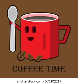 Live coffee cup with a spoon, coffee time,vector image, flat design,coffee break