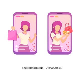 Live Commerce Shopping On Smartphone Set Illustration Vector