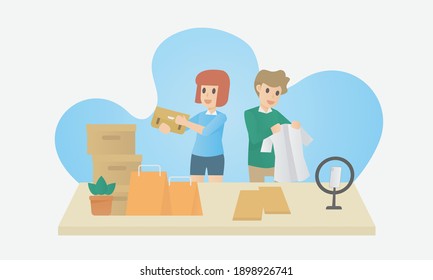 Live commerce video,live streaming online selling,Influencer marketing,blogger woman and man recording review product by camera and smartphone,viral internet social media interacting to audience.