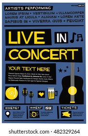 Live In Concert (Flat Style Vector Illustration Quote Poster Design) Event Invitation with Venue, Artist, Ticket and Time Details