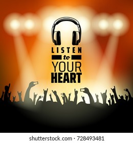 Live concert hall scene with music logo.rays of light. silhouette of crowd people raise hand up in concert with smartphone on color background. vector illustration