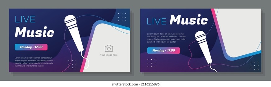 Live Concert Online Banner Template Set, Online Music Festival Business Advertisement, Musical Microphone Ad, Horizontal Campaign, Flyer, Card, Isolated On Background.