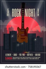 Live Concert Rock Night Poster, Flyer, Banner Template For Your Event, Concert, Party, Show, Festival. Vector Illustration.