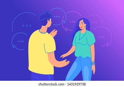 Live conversation between two friends gradient vector illustration of young people standing together and talking about something. Young teenage guy and girl standing with speech bubbles symbols around