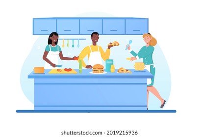 Live cooking show video blog cook at home. Online master class course. Digital cooking education. Flat cartoon vector illustration concept design web banner isolated on white background.