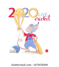 Live Cricket 2020. Rat Cricket Champion. Character of a funny mouse and cricket elements on a white background for the design of a poster or league game.Vector illustration isolated