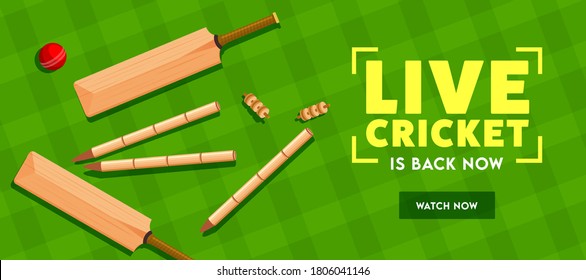 Live Cricket Is Back Now Text with Top View of Bat, Ball and Wicket Stumps on Green Tartan Pattern Background. Header or Banner Design.