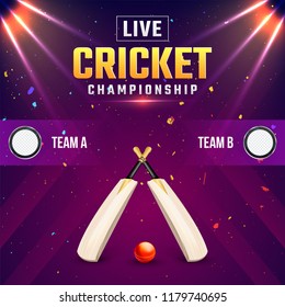 Live Cricket Championship Banner With Bat And Ball, And Night Stadium Background.