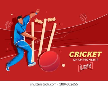 Live Cricket Championship Concept With Cartoon Bowler Character And Wicket Stump On Red Background.