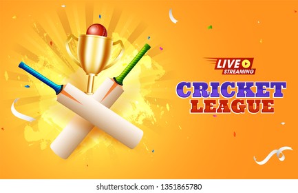  Live Cricket Championship Concept With Golden Winning Trophy, Bat And Ball On Yellow Background.