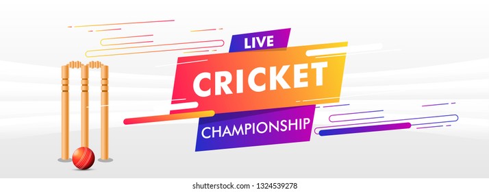 Live cricket championship header or banner design with illustration of wicket stumps on white abstract background.