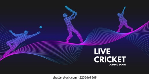 Live Cricket Championship League match poster or banner concept. An abstract wave design element. Background of stylized line art. batsman, bowler, fielder in background.