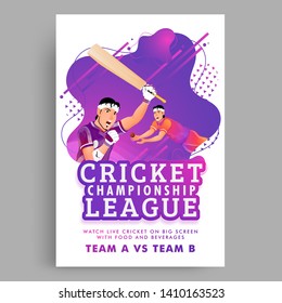 Live Cricket Championship League poster or banner design with match between two team on purple color splash background.