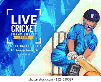 Live cricket championship poster or banner design with illustration of cricket batsman in playing action.