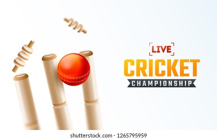 Live Cricket Championship poster design with close view of realistic cricket ball hitting the wicket stumps on white background.