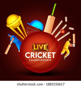 Live Cricket Championship Text on Red Ball with Two Batsman Character in Different Attire and Golden Trophy Cup.