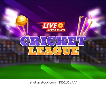 Live cricket concept with night stadium background, golden trophy and stumps.