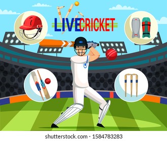 Live cricket flat banner vector template. Professional sportsman in uniform cartoon character. Team competition, championship poster layout. Batsman and sport equipment illustration with typography