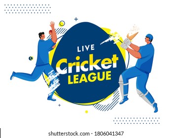 Live Cricket League Poster Design with Cartoon Batsman and Bowler in Playing Pose on Abstract Background.