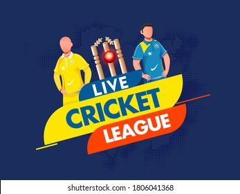 Live Cricket League Text with Red Ball Hitting Wickets and Faceless Players on Blue Halftone Effect Background.