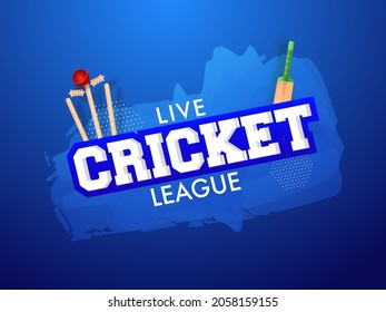 Live Cricket League Text With Red Ball Hitting Wicket Stumps And Bat Illustration On Blue Background.