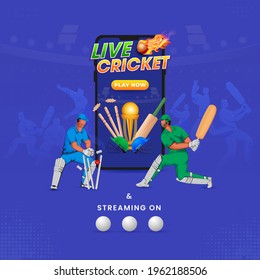 Live Cricket Play Now In Smartphone With Cricketer Players And Tournament Equipments On Blue Background.