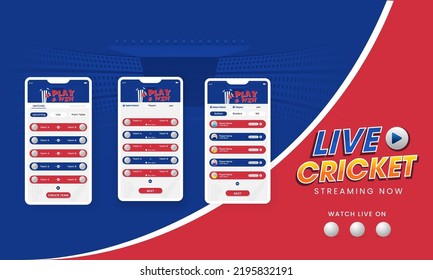 Live Cricket Streaming Mobile App UI On Blue And Red Stadium Background.