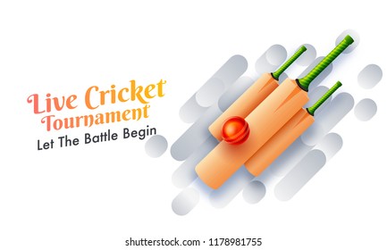 Live cricket tournament banner with cricket bats and ball on abstract background.