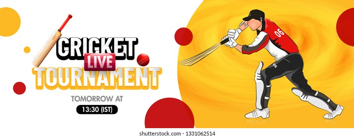 Live Cricket Tournament header or banner design with illustration of batsman in paying action on abstract background.