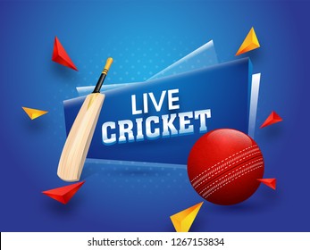 Live cricket tournament poster or banner design with game equipments on glossy blue background.