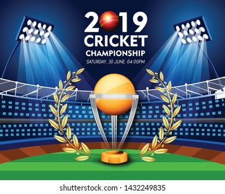 Live cricket tournament poster or banner design with game equipments  and world cup trophy - Vector  background.