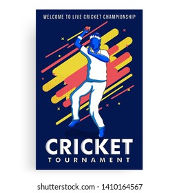 Live Cricket Tournament poster or template design with illustration of bowler on abstract background.