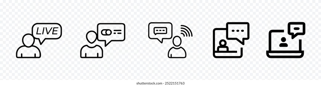 Icono de Servicio al cliente en vivo, ícono de Chat en vivo, ícono de servicio de Asistencia en tiempo real. Conjunto de iconos de Asistencia al cliente, iconos de transmisión en vivo