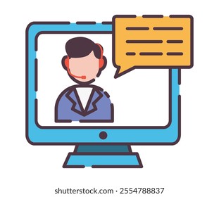 Live Customer Support Icon illustration. Flat line color icon of illustration of online customer support, showing a representative on a computer screen with a speech bubble. Colored Outline Icons.