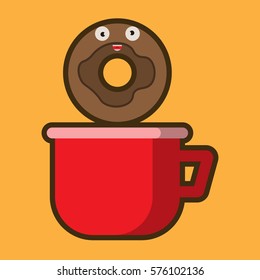 Live donut and cup, sweet character, vector image, flat design