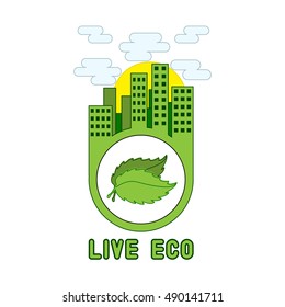 "Live eco" poster with the modern urban city landscape and green leaves. Creative concept of ecological living. Eco-environment friendly and sustainable architecture illustration.