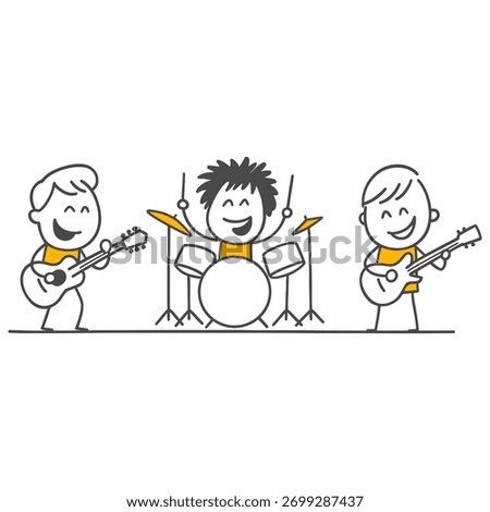 The Live And Energetic Show Of Three Cheerful Musicians Rocking The Stage With Guitar Rhythms And Drum Beats.